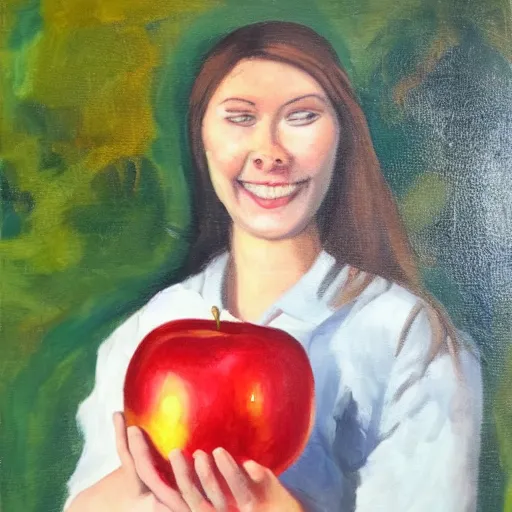 Image similar to a human posing while holding an apple, oil on canvas