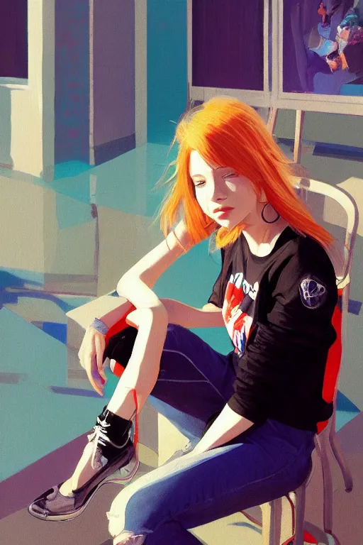 Image similar to A ultradetailed beautiful panting of a stylish woman looking at the camera, she is wearing streetwear, she is sitting on a chair, bright sunny day, Oil painting, by Ilya Kuvshinov, Greg Rutkowski and Makoto Shinkai