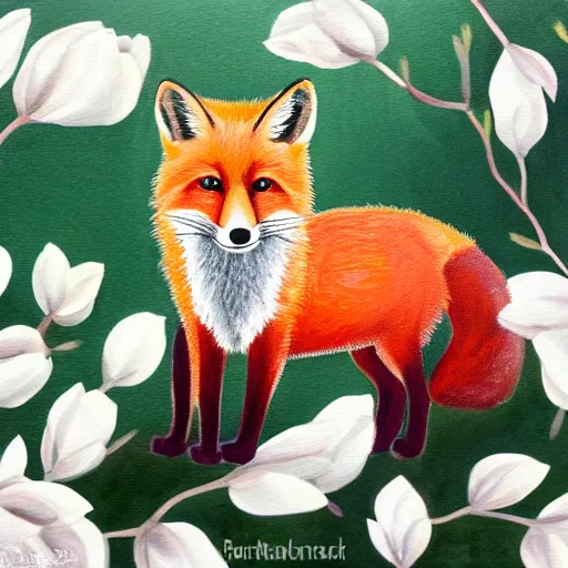 Image similar to painting of a cute red fox in the middle of a white magnolia forest