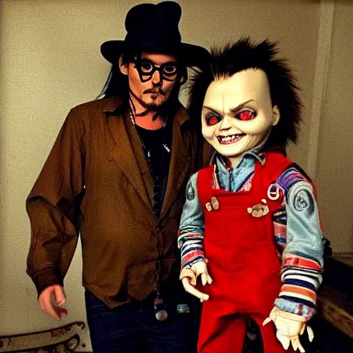 Image similar to Johnny Depp hanging out with Chucky the killer doll