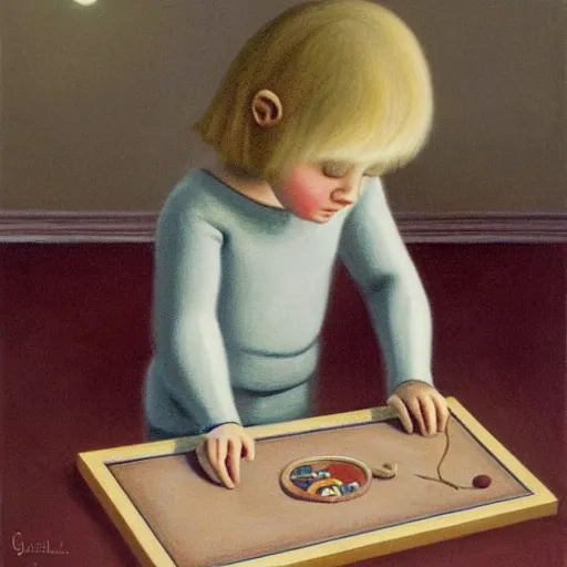 Prompt: a hyperrealistic painting of a child playing with a ouija board by Gertrude Abercrombie,