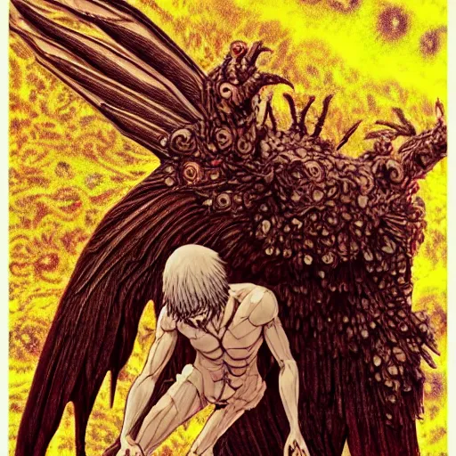 Prompt: 4K headshot of mothman holding something and bloody clothes with giant wings , intricate face , flawless anime cel animation by Kentaro Miura,psychedelic , highly detailed upper body , professionally post-processed , beautiful, scary, symmetry accurate features, epic, octane rendered, anime masterpiece, accurate
