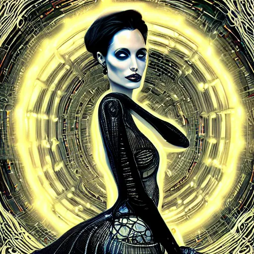 Image similar to the portrait of an absurdly elegant, sophisticated, fashionable ottomanpunk robotess idol, an ultrafine hyperdetailed illustration of angelina jolie by kim jisu, intricate linework, neon wiring, electronics, porcelain skin, unreal engine 5 highly rendered, global illumination, radiant light, detailed and intricate environment, by rutkowski, artgerm, marvel comics