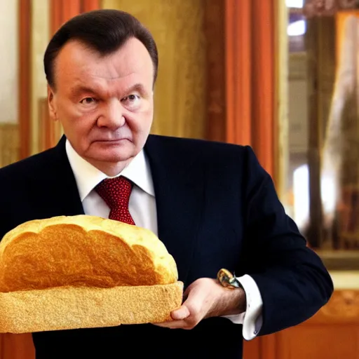 Prompt: Viktor Yanukovych and the golden loaf of bread