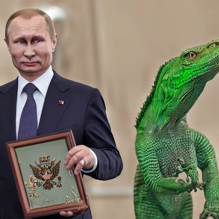 Image similar to hyperrealistic photo of russian president as a reptiloid, hd, 4 k / 8 k, award - winning