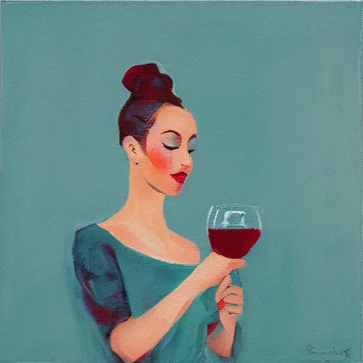 Image similar to square painting of a ballerina drinking wine in a teal room all on a red background