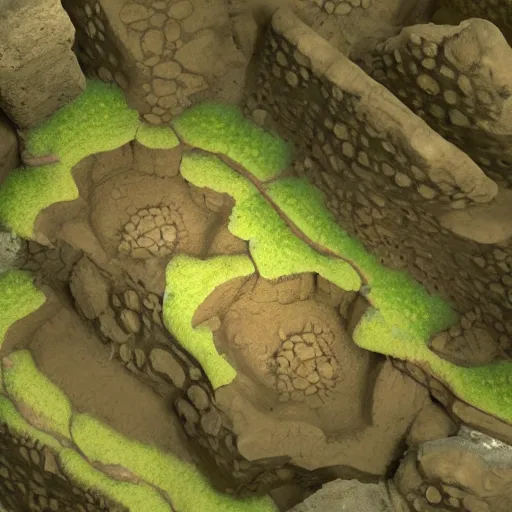 Image similar to top down view of a small segment of a cave, in the style of a highly realistic video game