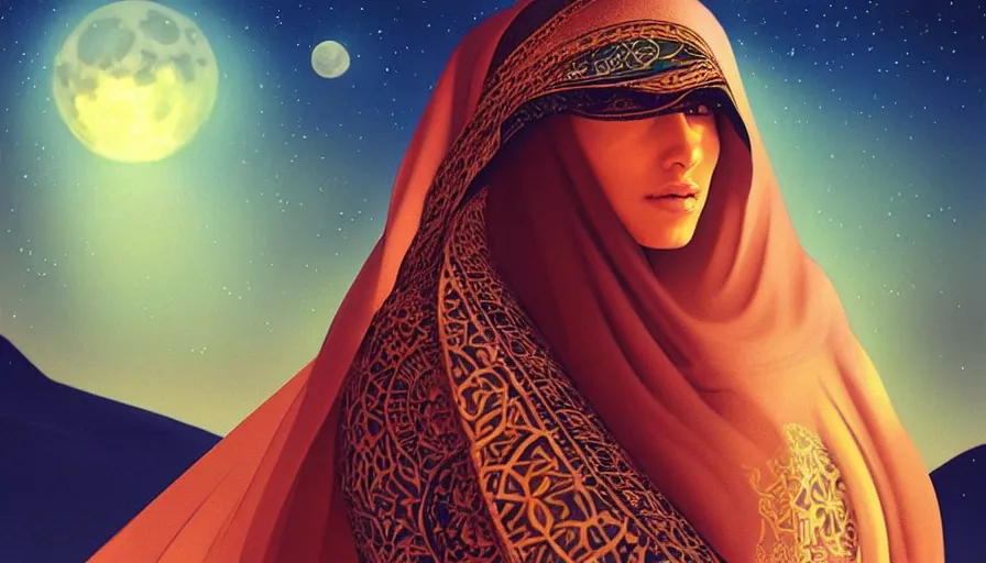 Image similar to Portrait of very very very very very very beautiful Arab woman wearing a Niqab, under giant full moon in the desert, intricate, glowing magical eyes, energy trails, elegant, highly detailed, digital painting, artstation, concept art, smooth, sharp focus, illustration, art by artgerm and greg rutkowski and alphonse mucha