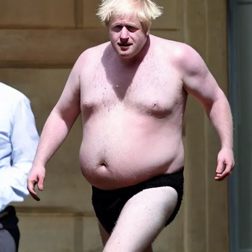 Prompt: paparazzi picture of Boris Johnson shirtless highly detailed fat hairy