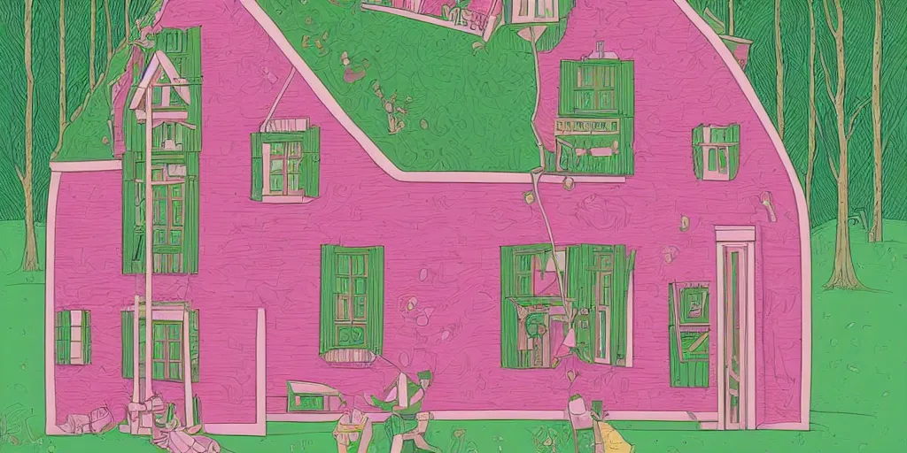 Image similar to a pink and green illustration of a house, a storybook illustration by muti and tim biskup, featured on dribble, arts and crafts movement, behance hd, storybook illustration, dynamic composition