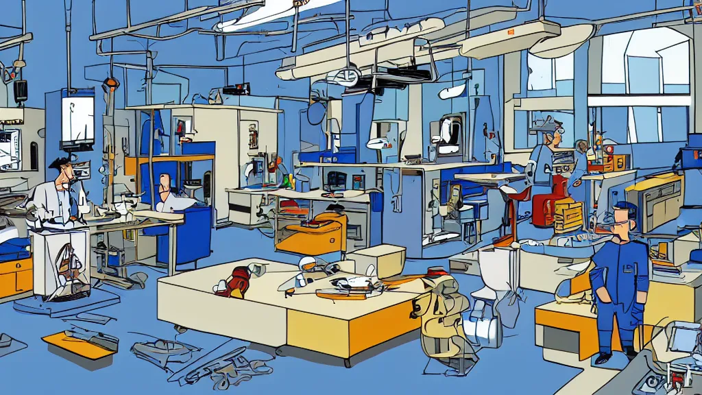 Prompt: inside view of dexter's laboratory, animated, high detail, machines, sharp contrast, blue, sci - fi