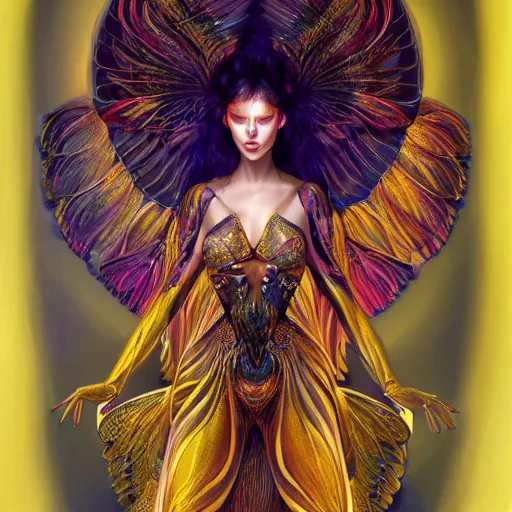 Prompt: a beautiful symmetrical woman full body wearing golden fabric with translucent colorful wings by alex gray and android jones , Karol Bak, Ayami Kojima, Amano , concept art, character design, fantasy,3D, 8k resolution