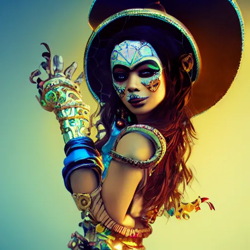 Image similar to the portrait, masked mexican mariachi woman, exotic costumes, gold jewelry, black hair, illustration by wenjun lin, irakli nadar, bright colors, octopath traveler, wenjun lin, unreal engine 5 highly rendered, global illumination, radiant light, detailed and intricate environment