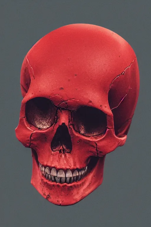 Image similar to a highly detailed photo of a skull dipped in red paint