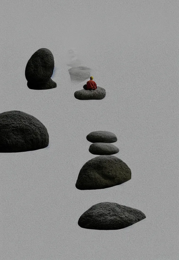 Image similar to portrait of a lone monk raking stones in a beautiful serene zen garden kyoto, japan, a collage painting, in the style of wes anderson, lola dupre, david hockney, isolated on negative white space background dark monochrome fluorescent neon spraypaint accents volumetric octane render