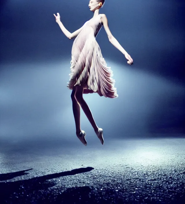 Image similar to la la land unseen film scene of gaz station by night starring seductive actress doing steps dancing and dressed by an organic looking dress from designer * iris van herpen *, with stylish colorfull makeup. intriguing soft back lighting, highly detailed, skin grain detail, photography by paolo roversi, nick knight