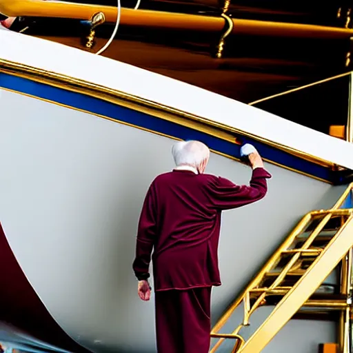 Image similar to wrinkled hunchbacked old man in musty burgundy suit, polishing painting the side of a huge gold plated mega yacht with a cloth, maintenance photo