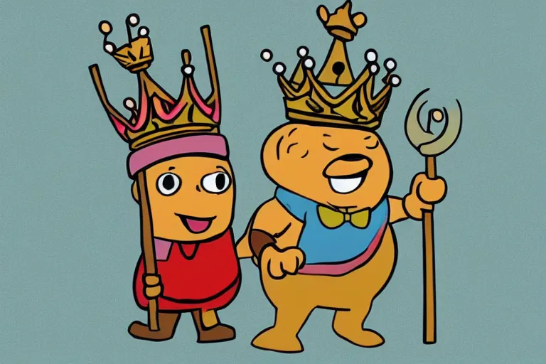 Image similar to pinto bean holding a staff, wearing crown, cartoon character,