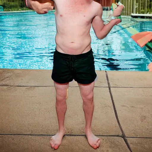 Image similar to actor Seth Green posing for picture in swimming trunks, photograph