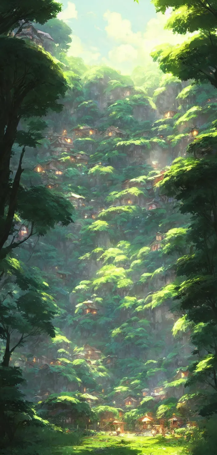 Image similar to village in the woods with a flower garden near a waterfall, gapmoe kuudere moody lighting stunning bokeh highlights sharp contrast | trending pixiv fanbox | by greg rutkowski makoto shinkai takashi takeuchi studio ghibli