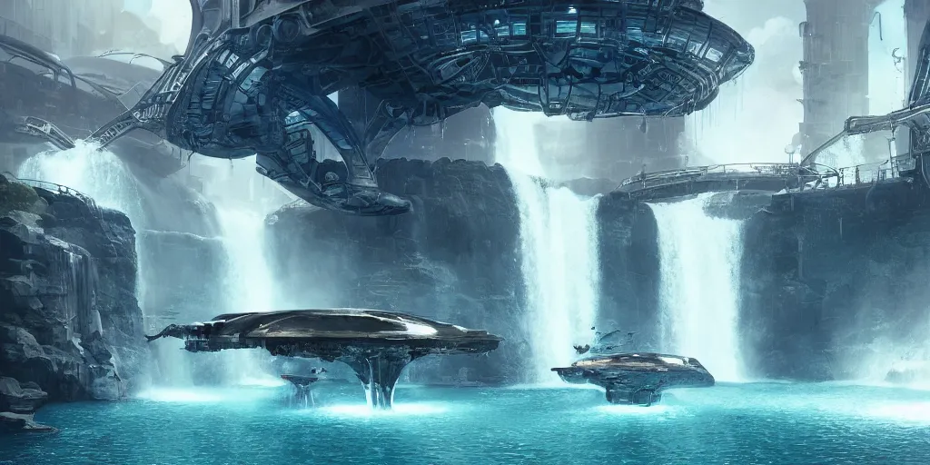 Image similar to alien spacecraft hovering over beautiful pool waterfalls surrounded by alien robots, steel archways, industrial buildings, rusty metal towers, sun setting, ross tran, fantasy, james jean, peter morbacher, angelarium, alchemy, luxury, heavenly light, soft illumination, trending on artstation, cinematic lighting, digital painting, octane render