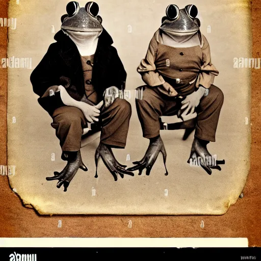 Image similar to frogs wearing old timey clothes, vintage family photo of a frogs wearing old timey clothes, sepia, frog picture