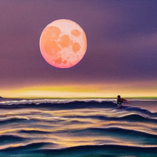 Prompt: painting of a moonrise over the atlantic ocean, kids surfing, boat in the distance, hazy islands can be seen in the distance, pink moon, faded orange sky, clouds, big waves, art by devin elle kurtz and james gurney, hd, high quality, 8 k, digital art, trending on artstation