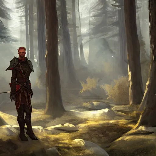 Prompt: high depth, published concept art, dragon age origins bioware morigan standing tall in forest with soft lighting