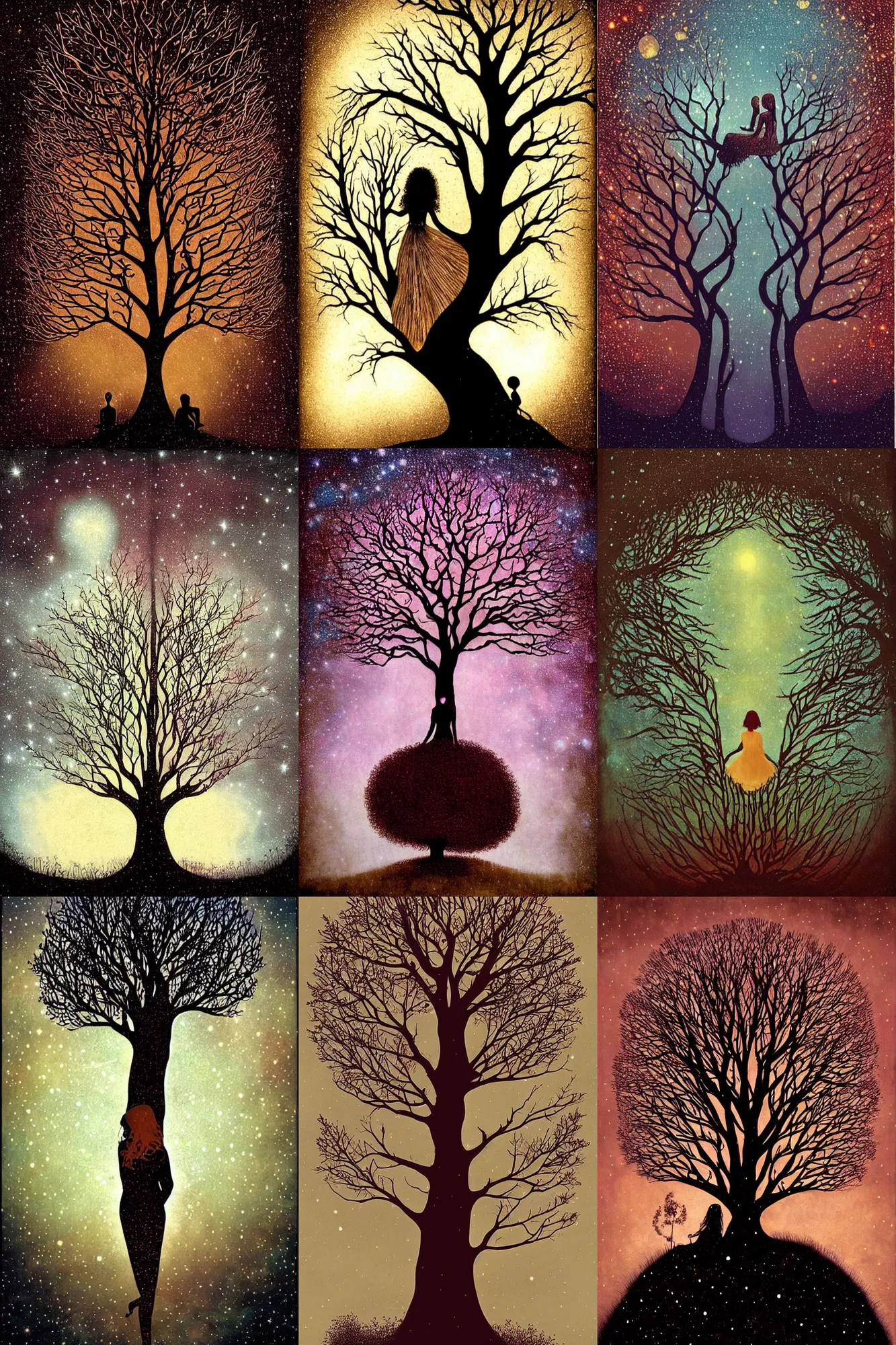 Prompt: A tree fades into starry space. The silhouette of woman is sitting in the branches. magic realism, flowerpunk, mysterious, sepia colors, by andy kehoe, amanda clarke