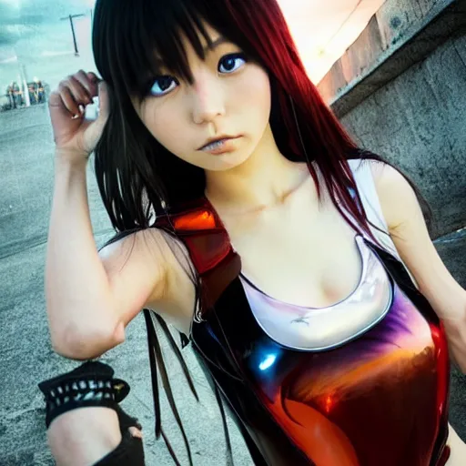 Prompt: a beautiful young japanese eimi fukada alluring instagram model in elaborate latex tank top, jrpg tank top made from latex demon faces, concept art by akira toriyama and wlop and ilya kuvshinov and artgerm and studio ghibli, aesthetic, gorgeous, stunning, alluring, attractive, artstation, deviantart, pinterest, digital art