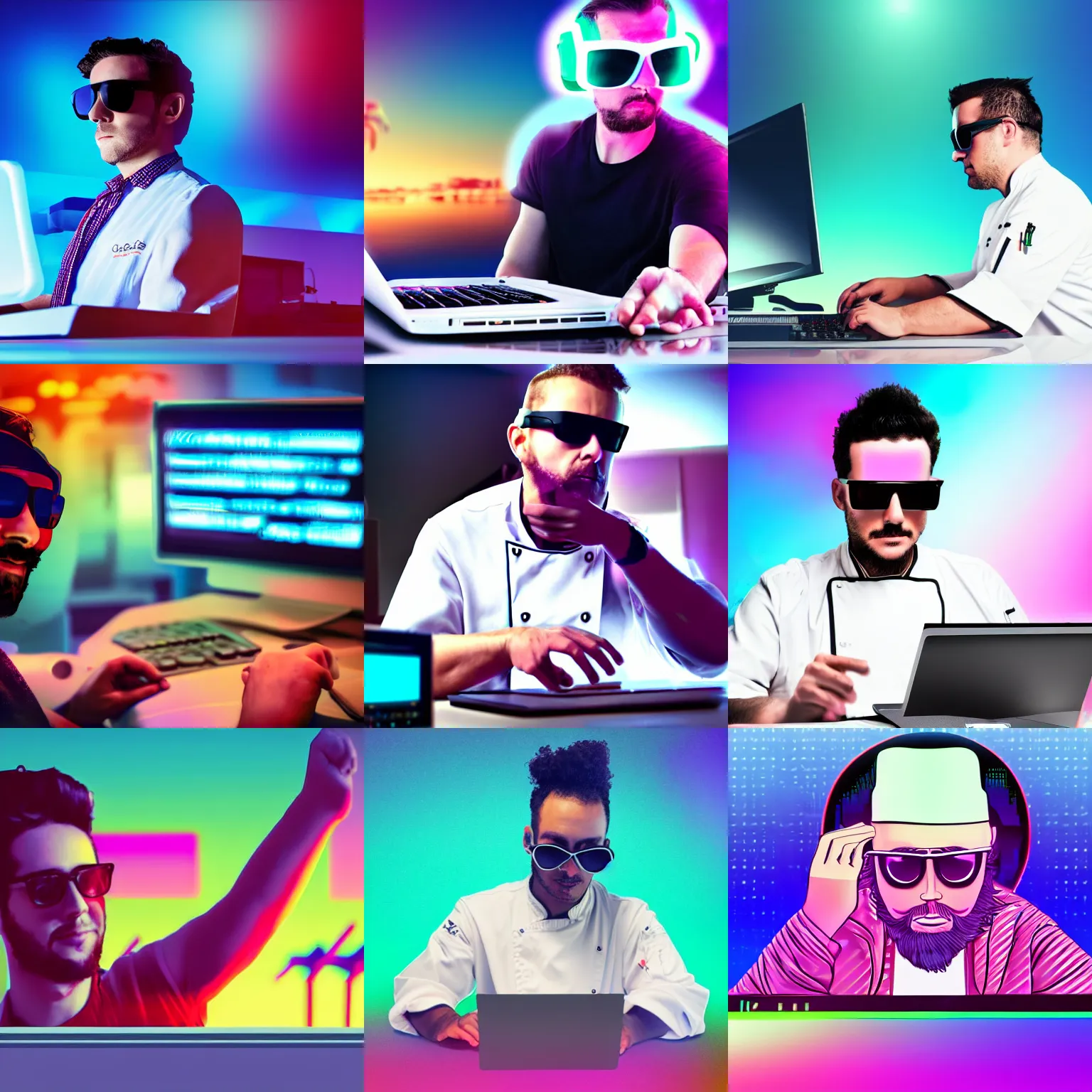 Prompt: chef typing on computer with sunglasses, synthwave background, exploitable image