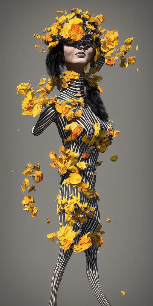 Prompt: an anthromorphic beautiful bee woman wearing striped couture made out of wax and paper and flower petals, running in a papercraft field of flowers, trending on Art Station, 3D, octane render,