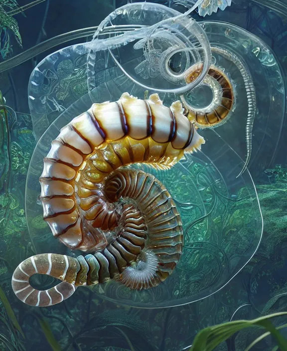 Image similar to intricate ornate opulent transparent clear see - through portrait of a playful beautiful isopod nautilus snake, fractal, adorable, childlike, overgrown biopunk jungle environment, ultra realistic, concept art, art nouveau, photorealistic, octane render, 8 k, unreal engine. art by christopher marley and artgerm and greg rutkowski and alphonse mucha