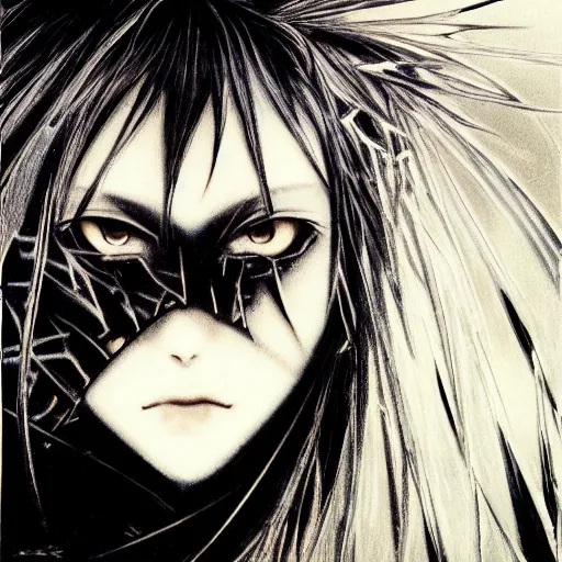 Image similar to yoshitaka amano blurred and dreamy illustration of an anime girl with black eyes, wavy white hair and cracks on her face wearing spiky elden ring armour with the cape fluttering in the wind, abstract black and white patterns on the background, noisy film grain effect, highly detailed, renaissance oil painting, weird portrait angle