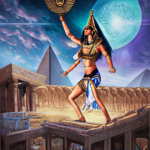 Prompt: Highly detailed illustration of Egyptian goddess Hathor defending the royal temple gates, hyper realistic, sci-fi fantasy art