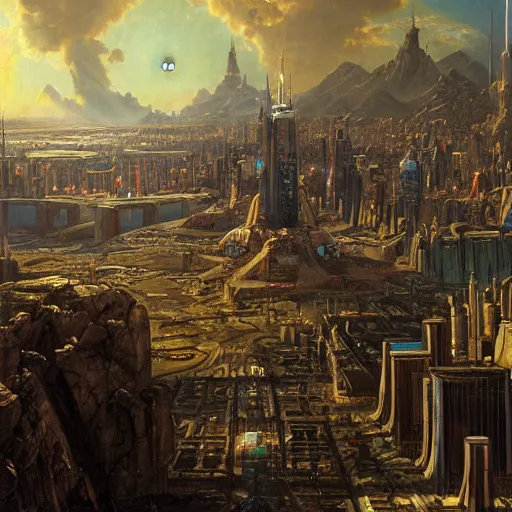 Image similar to A vast planetary sci fi city by Ansel Adams and Bernardo Bellotto, oil on canvas, artstation, dramatic scenery, masterpiece, aesthetic