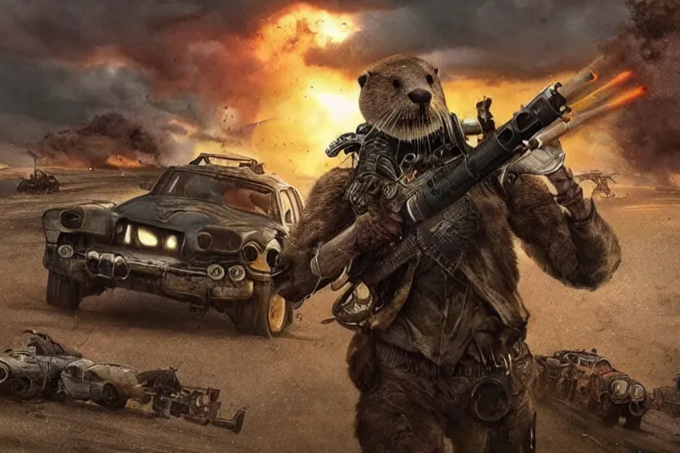 Image similar to a good ol'otter fursona ( from the furry fandom ), heavily armed and armored facing down armageddon in a dark and gritty version from the makers of mad max : fury road. witness me.