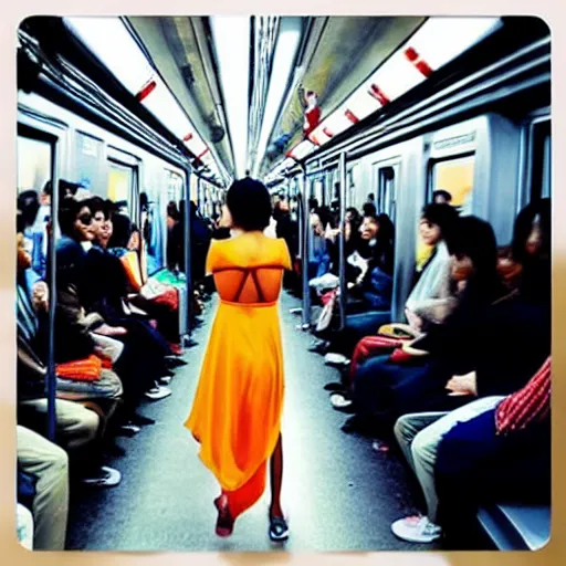 Prompt: a beautiful asian girl with backless dress in a crowded subway train, instagram photo