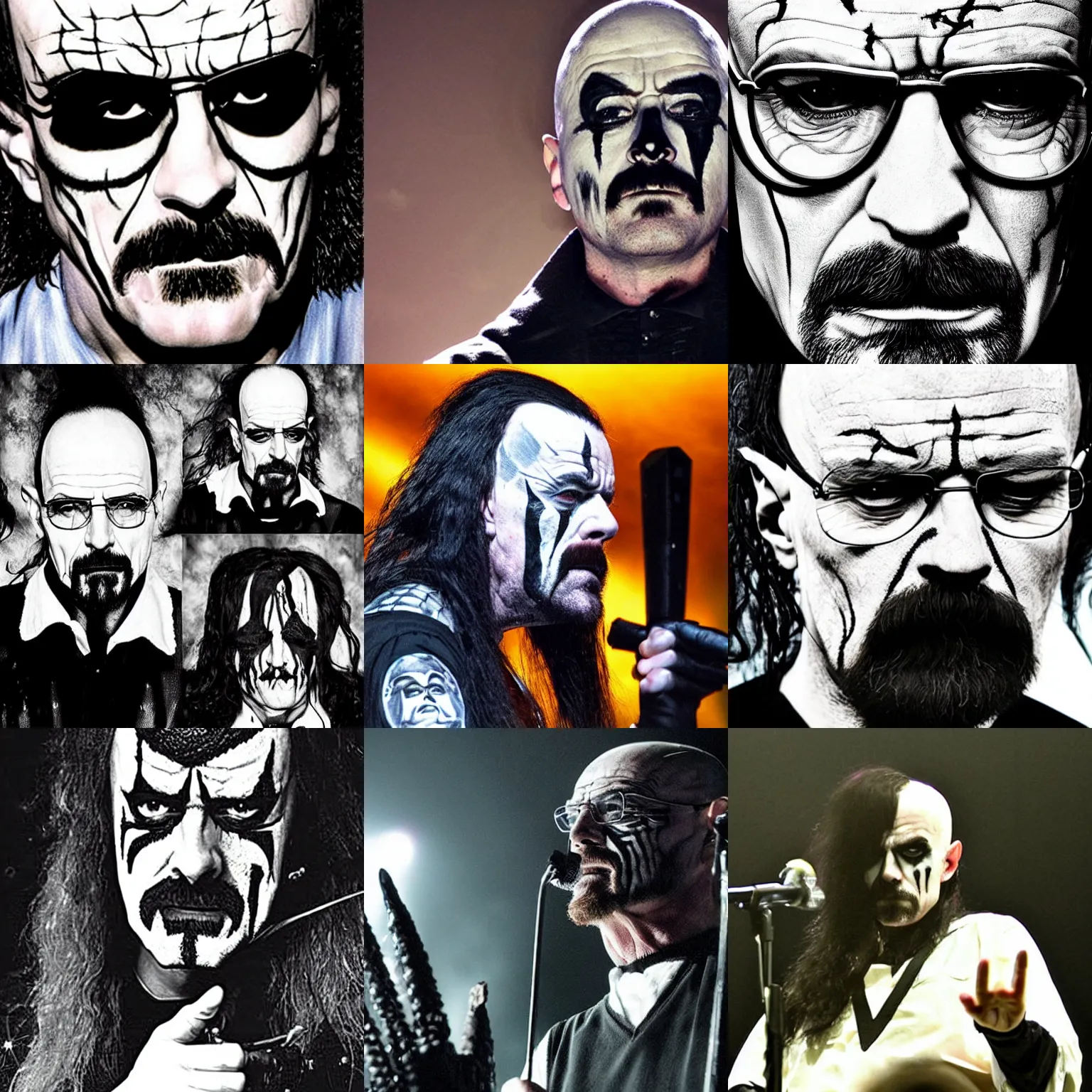 Prompt: Walter White wearing corpse paint, performing in black metal concert