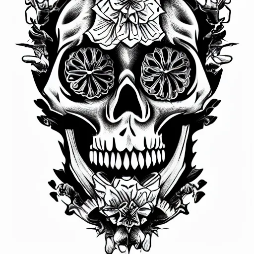 Image similar to highly detailed skull, Japanese style, tattoo ink sketch, isolated on white background