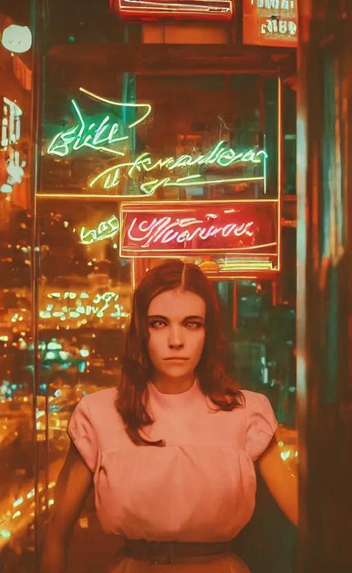 Image similar to vertical movie frame portrait of girl in 5 0's retro restaurant interior, neon - decorated urban on night in the city seen through the window, modern interior design, architectural design, vintage, night blade runner, dark, postapocalyptic, clean lines, 4 k, octane, lunarcore city at distance, big windows, octane, wide angle