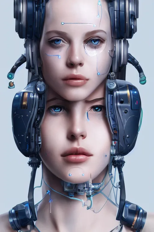 Image similar to A cyborg girl with a beautiful face, wires and mechanisms are visible from under the skin, in some places the mechanisms stick out from the body, full-length view, artstation featured