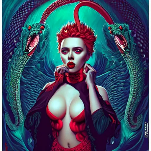 Image similar to demonic lofi queen of hell portrait of scarlett johansson, fire and flame of hell serpent, Pixar style, by Tristan Eaton Stanley Artgerm and Tom Bagshaw.