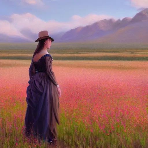 Image similar to a matte painting of the wild west, woman standing in flower field, oil painting, pale colors, high detail, 8 k, wide angle, trending on artstation,