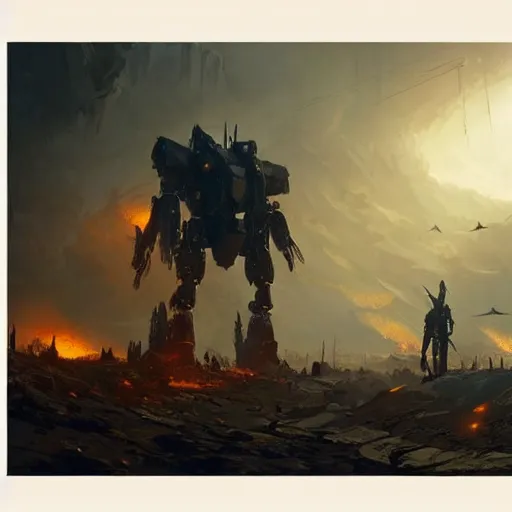 Image similar to giant robots in a post apocalyptic earth as seen by greg rutkowski, dark theme, enchanted, warm colors, high quality, waw, trending on artstation