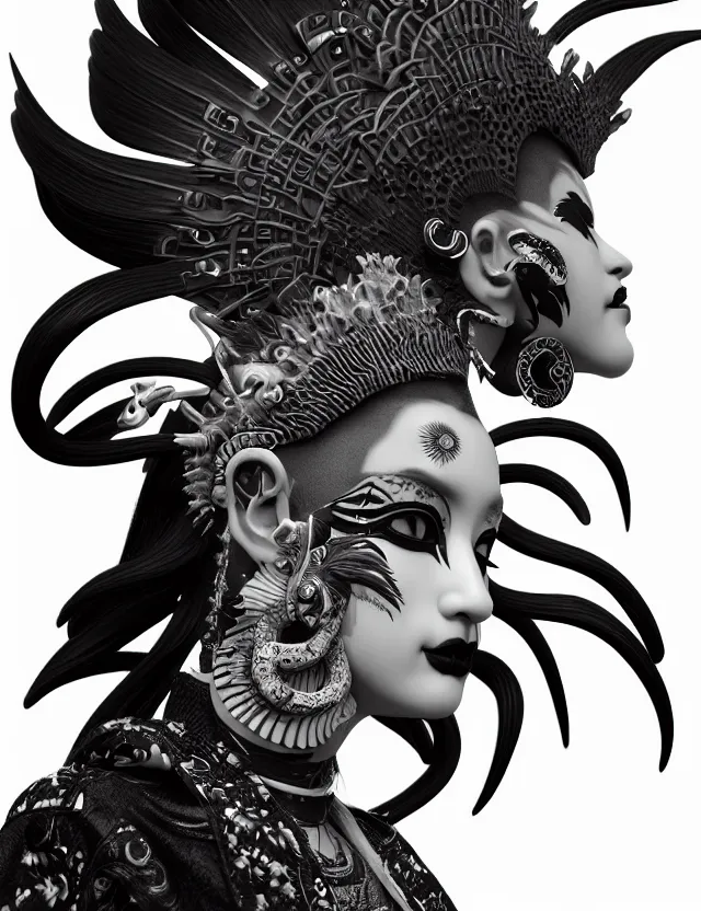 Image similar to 3 d goddess close - up profile portrait punk with mohawk with ram skull. beautiful intricately detailed japanese crow kitsune mask and clasical japanese kimono. betta fish, jellyfish phoenix, bio luminescent, plasma, ice, water, wind, creature, artwork by tooth wu and wlop and beeple and greg rutkowski