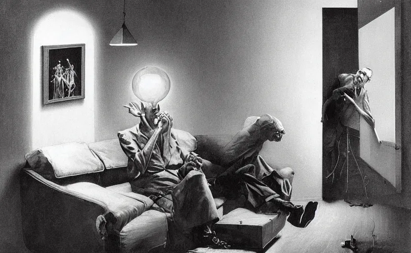 Image similar to a thin man screams at a telephone beside a sofa in a dark kitchen lit by a single bulb, painted by rick berry and norman rockwell and zdzislaw beksinski, highly detailed