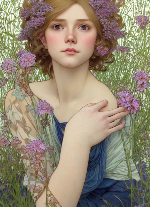 Image similar to pretty young man with shoulder length blond hair, half body shot, emotional, decorative flower patterned background, path traced, highly detailed, high quality, digital painting, by studio ghibli and alphonse mucha, leesha hannigan, hidari, disney, jules bastien - lepage, art nouveau, martine johanna, android jones, andreas rocha