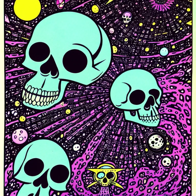 Image similar to by paul kirchner. skull in space. psychedelic.