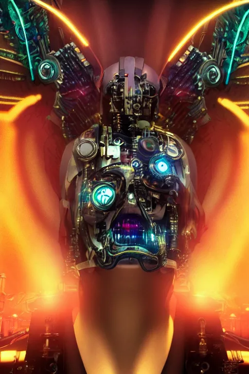 Prompt: hyperrealism portrait, digital art, wallpaper of a cyborg angel with mechanical steampunk wings in a cyberpunk city, diffused lighting, neon ambient lighting, by laura zalenga and aleksi briclot, 8 k dop dof hdr, vibrant